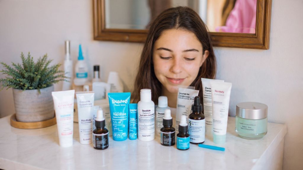 Collection of teen-friendly skincare products for acne treatment arranged on vanity