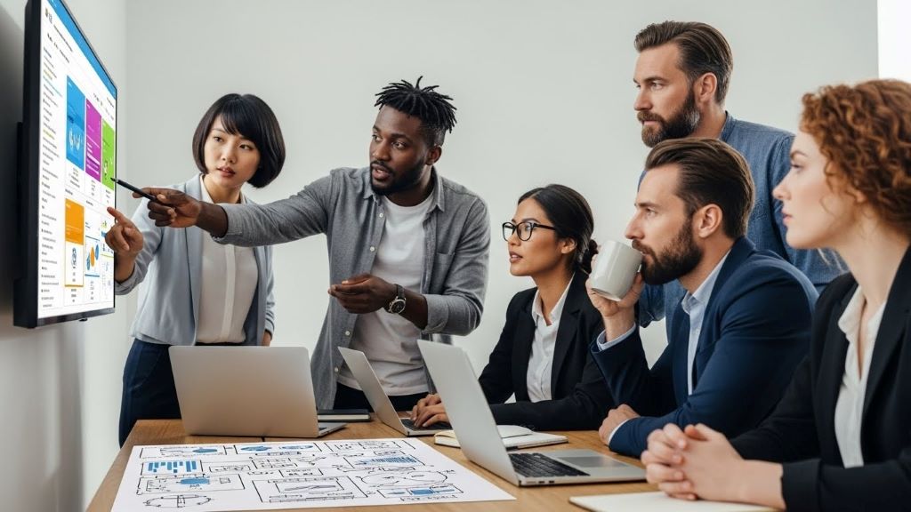 Diverse group of entrepreneurs collaborating on content marketing strategy in modern Seattle coworking space