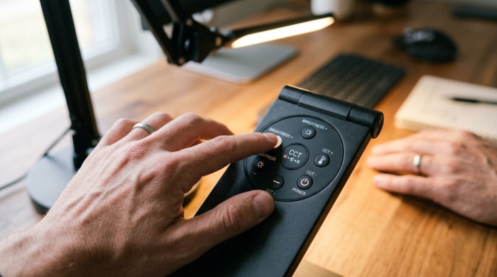 Hand adjusting brightness controls on a modern LED desk light.