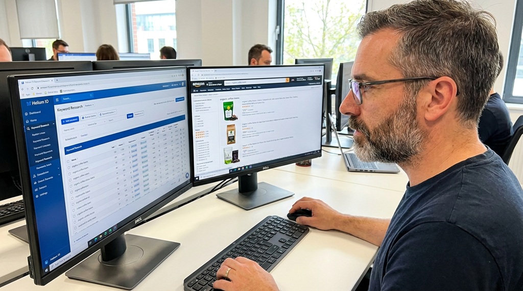 Professional optimizing an Amazon product listing using keyword research tools on screen.