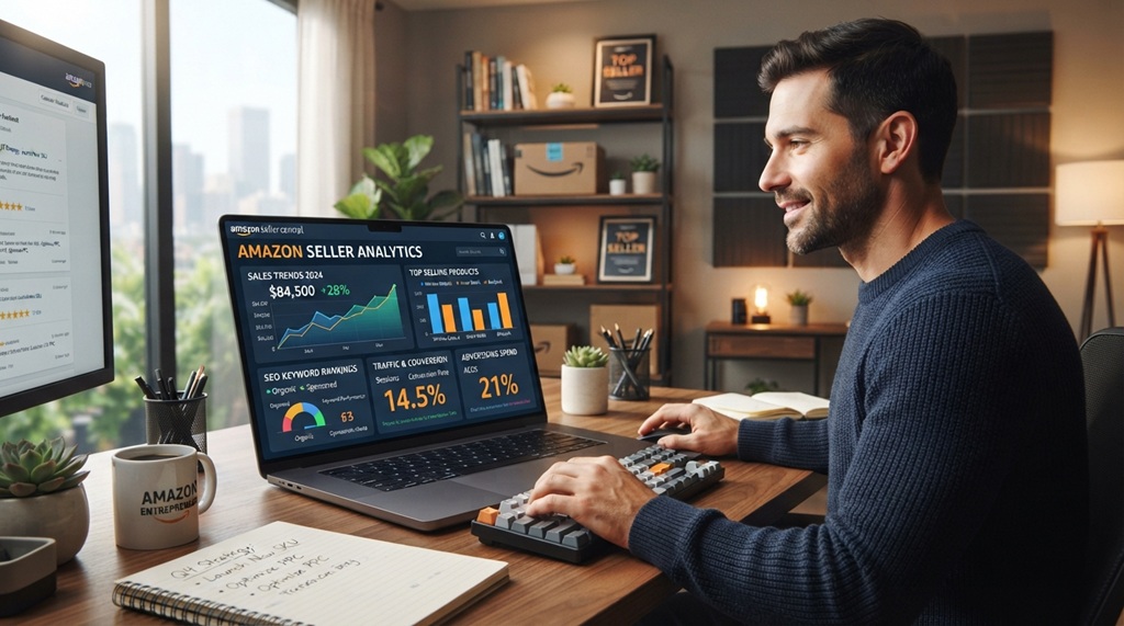 A male seller analyzing product ranking metrics on a laptop dashboard.