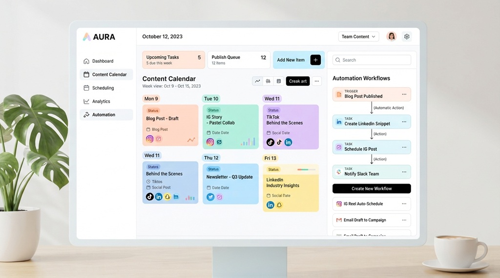 A modern digital marketing calendar interface with automated workflow scheduling.