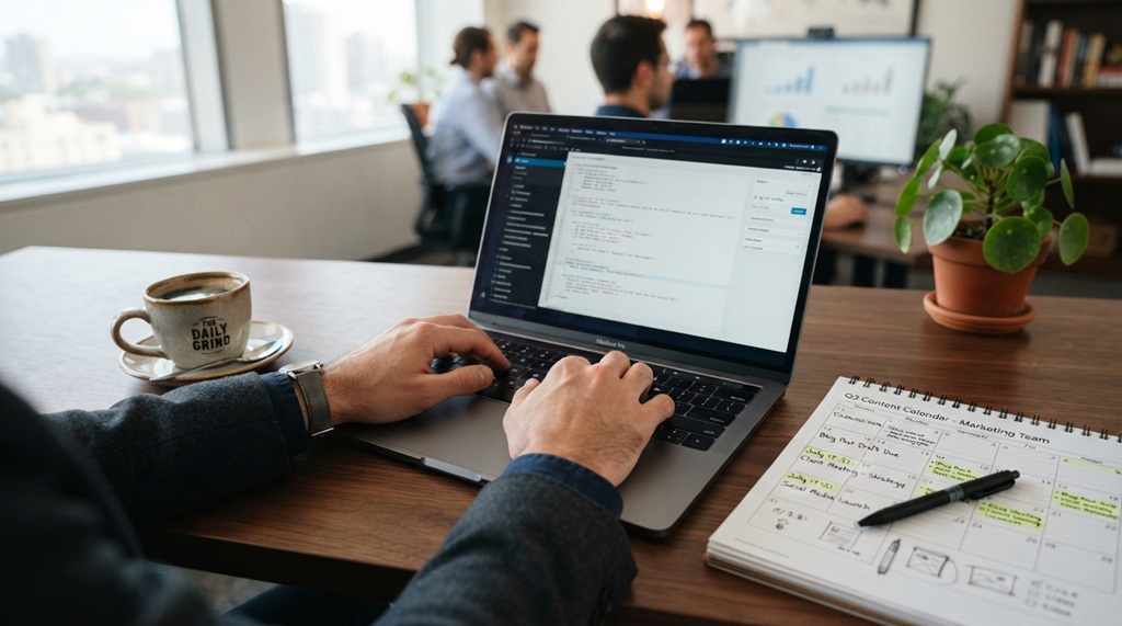 Man typing content marketing calendar steps on laptop with coffee nearby.