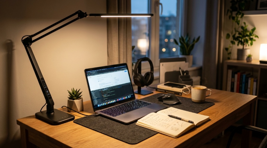 Adjustable LED desk lamp illuminating a modern home office workspace.