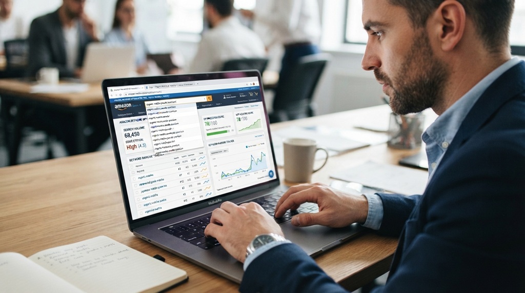 A man typing on a laptop optimizing keywords for Amazon listings.