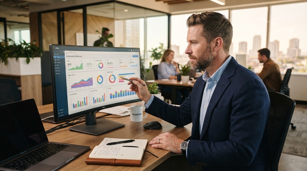 Man in office analyzing content marketing return on investment metrics on monitor.