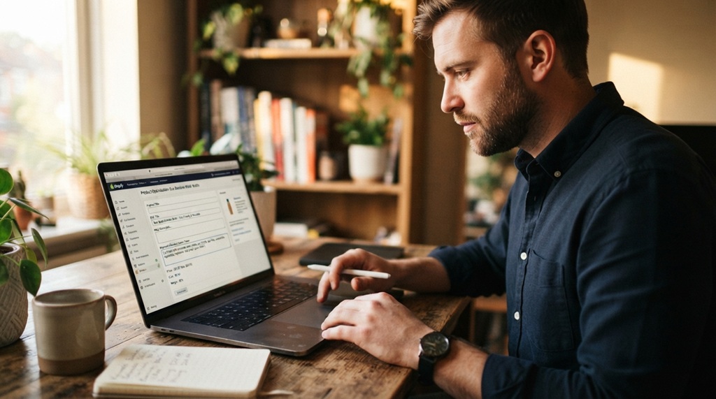 Male e-commerce specialist optimizing product listing keywords on a laptop.