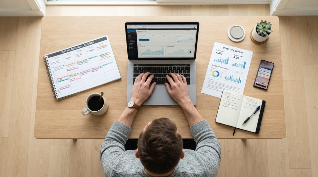 Overhead shot of a man planning an editorial calendar on a laptop beside coffee.