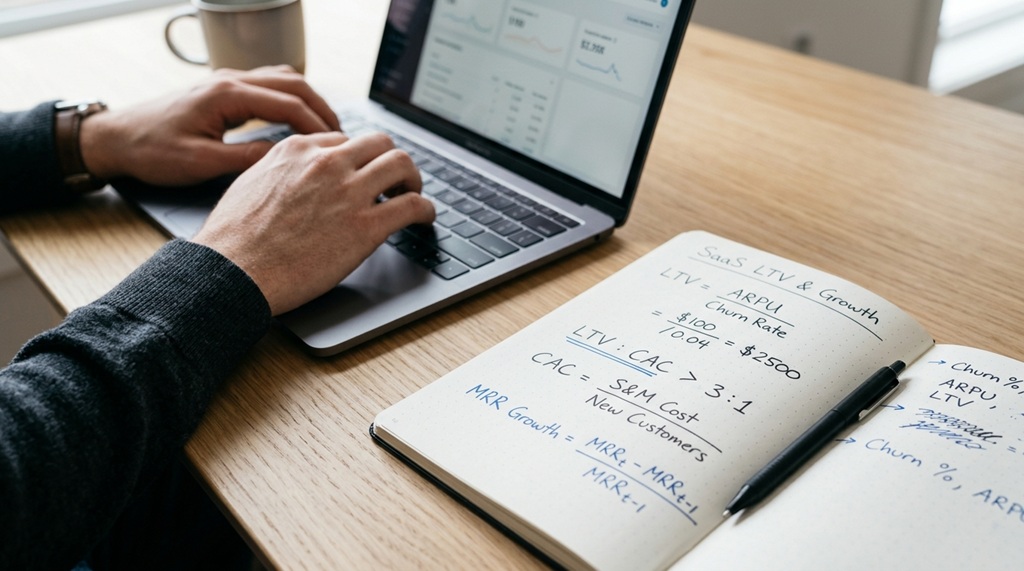 Hands typing on a laptop near a notebook displaying SaaS LTV formulas.